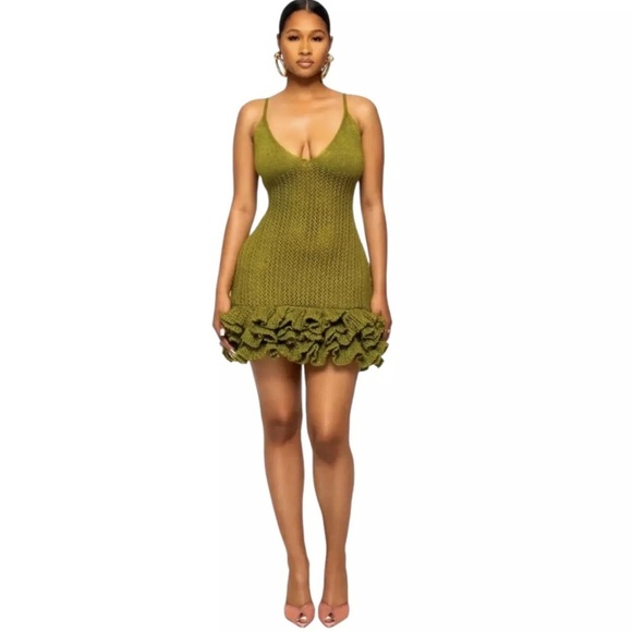 MUSERA Womens Crochet Knit Frill Hen Mini Dress Sz XS Green Sleeveless V Neck - Picture 1 of 8